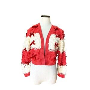 Womens 3D Bow Crop Cardigan Size L Red Whimsical Coquette Cottagecore Loop Knit